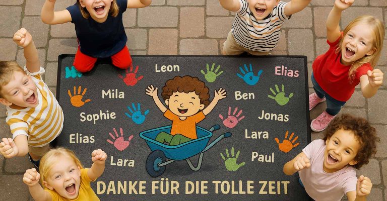 Kinder stehen lachend auf einer personalisierten Kindergarten-Abschiedsmatte mit ihren Namen, ein rührendes Geschenk für Erzieher.