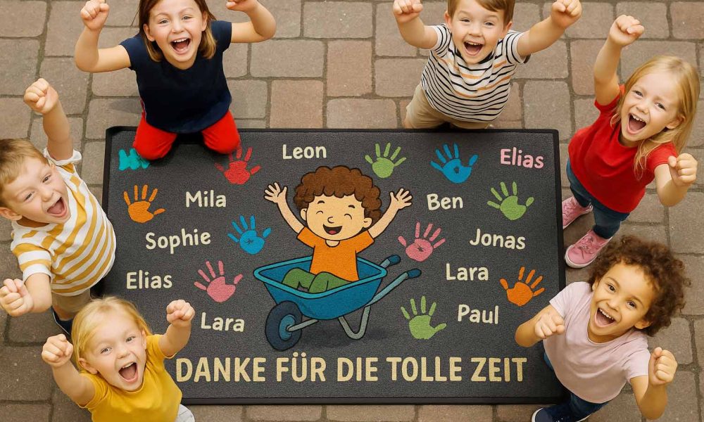 Kinder stehen lachend auf einer personalisierten Kindergarten-Abschiedsmatte mit ihren Namen, ein rührendes Geschenk für Erzieher.